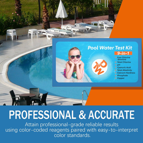 9 Way Pool Test Kit - Hot Tub and Spa Water Chemical Test Kit for pH & Total Chlorine & Free Chlorine & Bromine & Total Alkalinity & Calcium Hardness & Cyanuric Acid & Copper & Phosphate