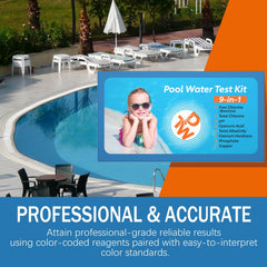 9 Way Pool Test Kit - Hot Tub and Spa Water Chemical Test Kit for pH & Total Chlorine & Free Chlorine & Bromine & Total Alkalinity & Calcium Hardness & Cyanuric Acid & Copper & Phosphate