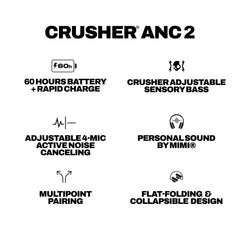Skullcandy Crusher ANC 2 Wireless Over-Ear Bluetooth Headphones with Extra USB-C Charging Cable, Multi-Sensory Bass, Active Noise Cancelling, 60 Hours Battery, Microphone iPhone Android - Bone