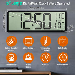 Mee 2ou Digital Wall Clock Battery Operated, 15" Digital Clock Large Display With Date And Day Of Week, Large Number With Temperature, Auto DST, Alarm, Snooze, 12/24-hour For Desk Office