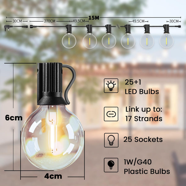 Svater Festoon Lights Outdoor 15M, G40 LED String Lights Mains Powered with 26 1W Plastic Bulbs, Waterproof Connectable Festoon Lights Outdoor for Garden Patio Wedding Porch, 2700K Warm White