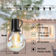 Svater Festoon Lights Outdoor 15M, G40 LED String Lights Mains Powered with 26 1W Plastic Bulbs, Waterproof Connectable Festoon Lights Outdoor for Garden Patio Wedding Porch, 2700K Warm White