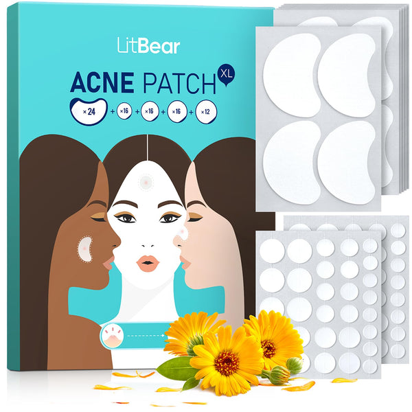 LitBear 84 Patches 5 Size Acne Patches Large, Hydrocolloid Pimple Patches for Large Breakouts, Zit and Blemish, Large Acne Patches for Face, Chin, Back and Body with Tea Tree Oil