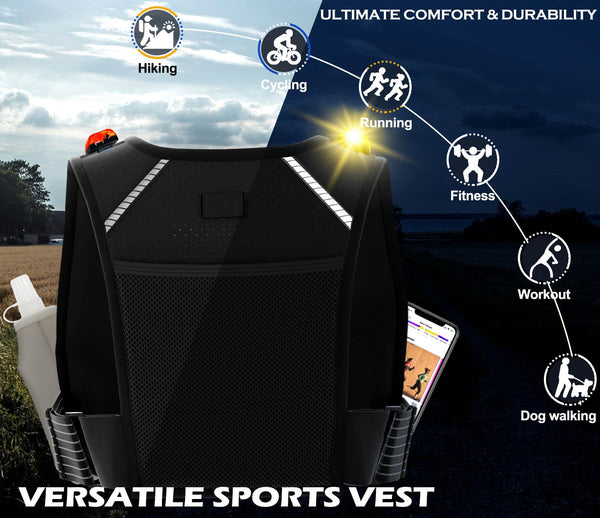EGOO - LED Running Vest with Multi-Pockets for Men and Women, Lightweight Hydration Vest for Running & Outdoor Activities, Rechargeable LED Safety Light x2 + 500ml Soft Flask x1