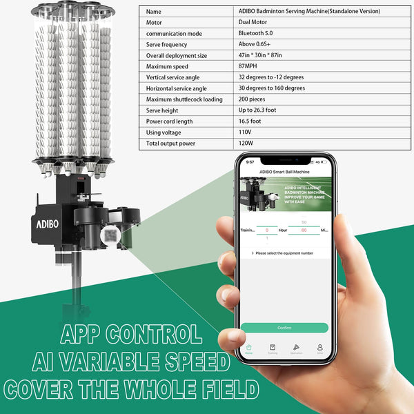 ADIBO Badminton Serving Machine, Dual High Speed Motors, 200 Shuttlecock Capacity, Max 87MPH, APP Control