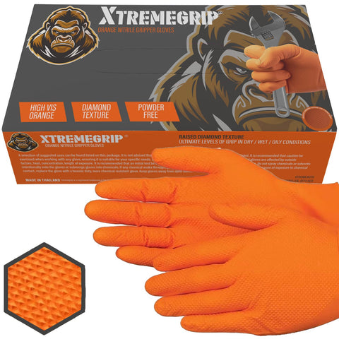 Xtremeauto Nitrile Gloves - Disposable Gloves, Diamond Grip Orange Gloves - Powder-free & Latex Free Nitrile Gloves, Extra Thick & Strong Rubber Gloves (1 Box, Large)