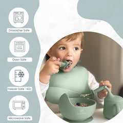 Pumpkin Products® Silicone Baby Weaning Set. Baby & Toddler. Four Suction-Cup Plate, Suction Bowl, Adjustable Bib, Weaning + Stainless Spoon & Fork Sets, Sippy Cup, Collapsible Snack Cup (Sage Green)