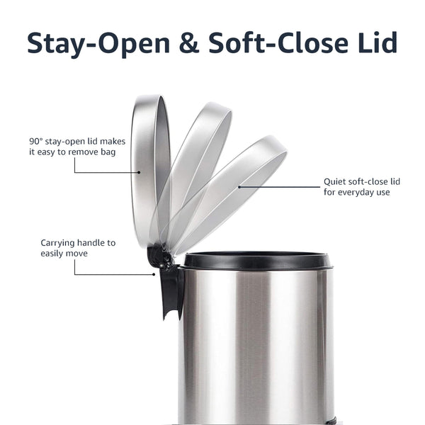 Amazon Basics Round Cylindrical Soft-Close Small Trash Can With Foot Pedal for Bathroom and small space, 5 l, Brushed Stainless Steel