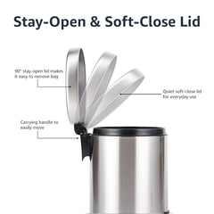Amazon Basics Round Cylindrical Soft-Close Small Trash Can With Foot Pedal for Bathroom and small space, 5 l, Brushed Stainless Steel