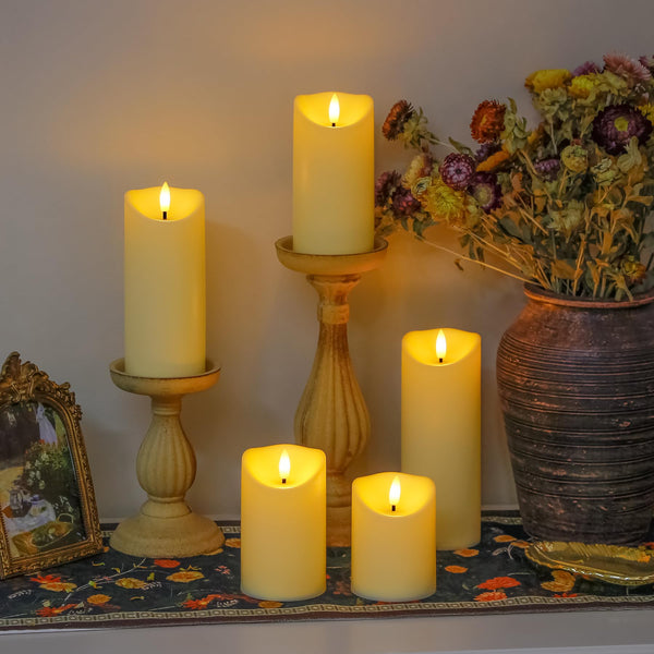 Wroxipel Flameless Flickering Ivory Plastic Pillar LED Candles with 10 Keys Remote, Battery Operated 3D Wick Automatic Timer (7,5cm x10 12,5 15 17,5 20cm)