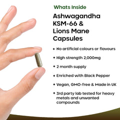 Ashwagandha KSM-66 and Lions Mane Capsules - High Strength 2000mg KSM-66 Ashwaghandha Root Extract and Lions Mane Mushroom Extract - 120 Vegan Capsules with Black Pepper - UK Made by New Leaf