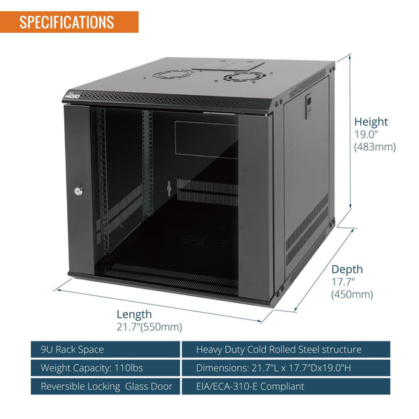 Tecmojo 9U 450mm Depth Wall Mount Server Cabinet IT Network Rack Enclosure Lockable Door and Side Panels Black, Standard Glass Door, for 19" IT Equipment, A/V Devices, Flat Package
