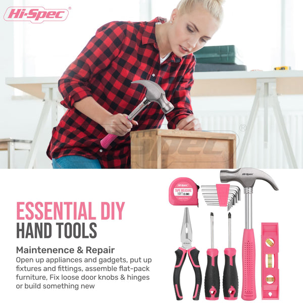 Hi-Spec 57pc Pink Hand Tool Kit Set with 8V USB Cordless Electric Screwdriver, Drill Bits Set, Tool Box for Home & Office DIY Repair and Maintenance - Comprehensive Tool Kit and Tool Set