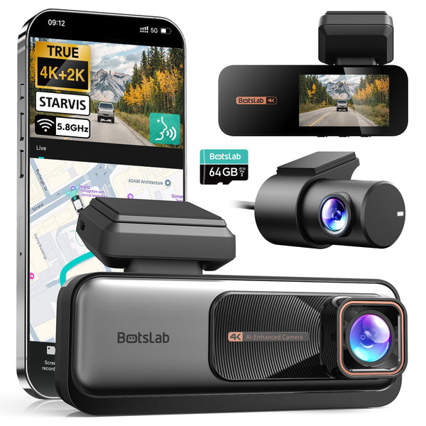 BOTSLAB 4K Dash Cam Front and Rear, Night Vision, ADAS, 2K Rear Camera, 170° Wide Angle, Built-in GPS and 5.8GHz WiFi, 24/7 Parking Mode with Voice Control and 64GB SD Card