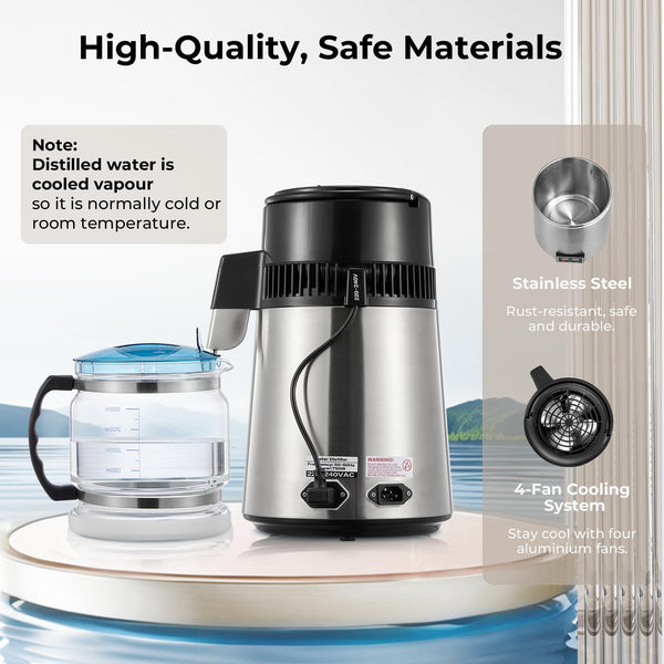 Water Distiller, 4.2L Upgraded Stainless Steel Distilled Water Machine, Distilled Water Maker with LCD Panel & Glass Container, Countertop Water Distiller for Home with Temperature Setting, Silver