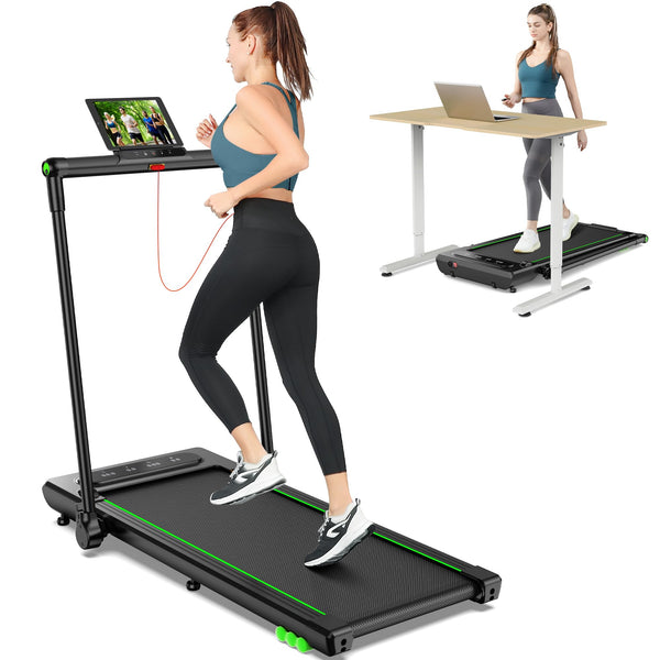 THERUN Folding Treadmill for Home, 2.5HP Under Desk Treadmill w/Remote and LED Display, Foldable Walking Treadmill w/ 3 Countdown Modes & 12 Programs, Shock Absorption, 1-12KM/H, No assembly, Green