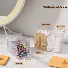 SVOCK Clear Acrylic Cotton Wool Holder 3 Compartment Cotton Bud Holder with Wood Lid, Qtips Holder Dispenser Bathroom Jars with Lid, bathroom essentials Square-Shaped (Clear)