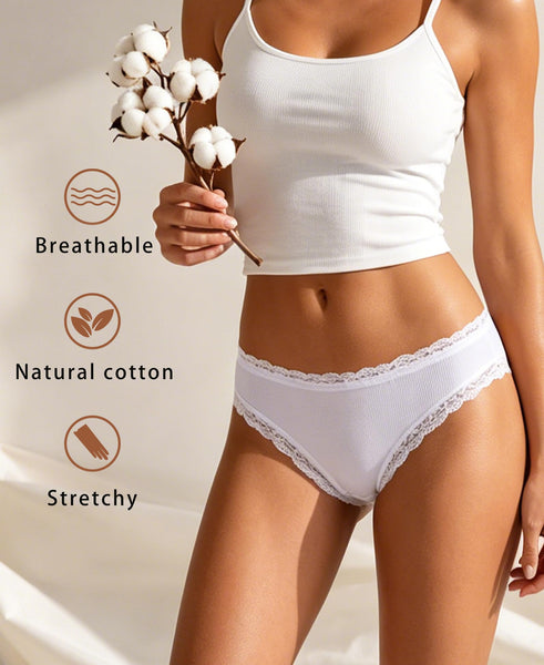 ALL OF SHE Cotton Underwear Women 5 Pack Ladies Knickers Multipack Soft Breathable Lace Trim Panties Comfortable Everyday Briefs-M