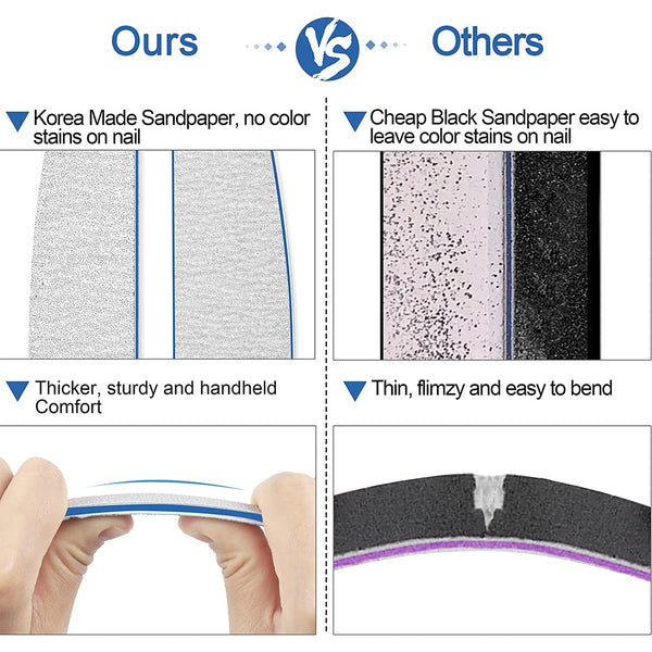 BLESWIN Professional Nail File Set, 12Pcs Double-Sided Nail Files, 180/240 Grit, Washable and Reusable, Natural Color, Eco-friendly Sponge + Plastic (PP) Material