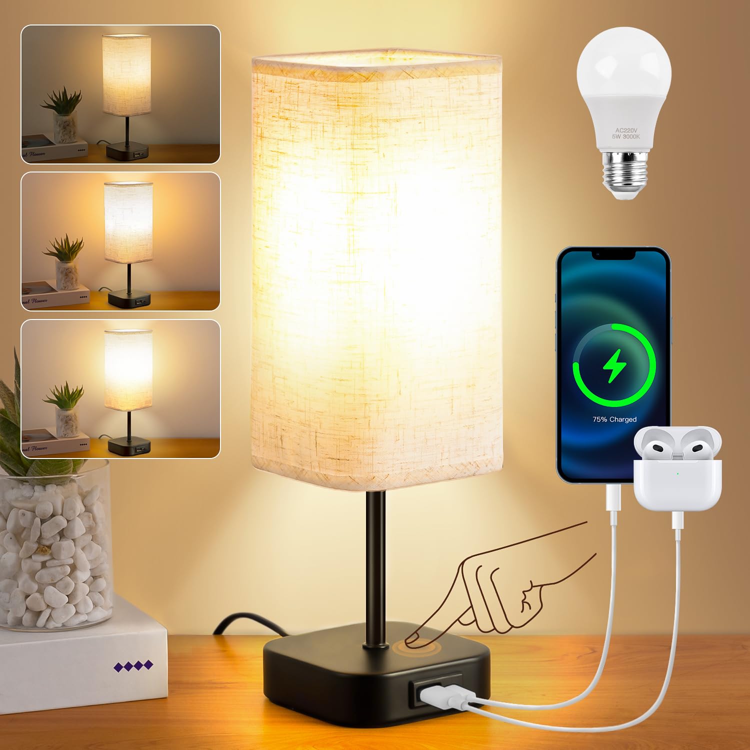 Table-Lamp-Bedside-Touch-Control-Dimmable-Charging-Rechargeable USB A+C Charger Ports 3-Way Dimmer Linen Fabric Shade Lamps LED Tables Lampe Reading Night Modern Lights Bedroom Living Bed Side Lounge