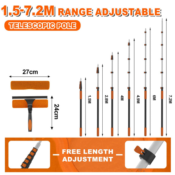 SISUPASSIE 7.2m Telescopic Window Cleaner, Professional Window Cleaning Equipment with Extendable Window Cleaning Pole and 25cm Window Squeegee, Long Reach Window Cleaner Tool for Outdoor/Indoor Use