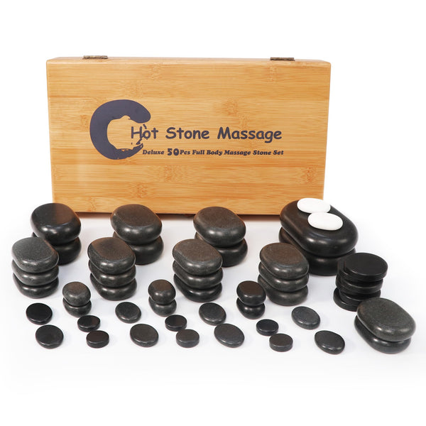 Master Massage Professional Hot Stone Set for Body Massage with Bamboo Box, 50pcs