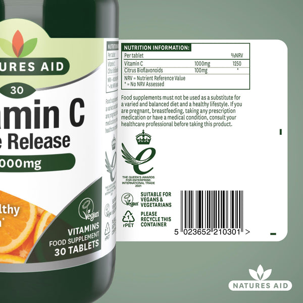 Natures Aid Vitamin C 1000mg Time Release - High Strength with Bioflavonoids - Supports Immunity, Bones & Heart - Antioxidant - Vegan, Gluten-Free, Non-GMO Supplement – 30 Tablets