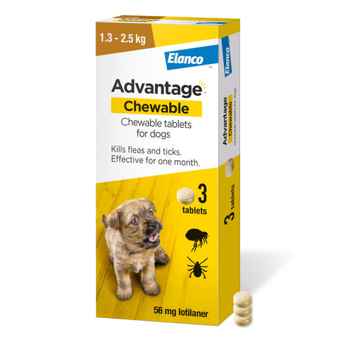 Advantage Chewable 56mg Chewable Tablets for Dogs 1.3-2.5kg (3 pack), Flea and Tick Treatment, Fast Acting Kills Fleas Within Hours, Prevention Lasts For A Month, Easy To Administer