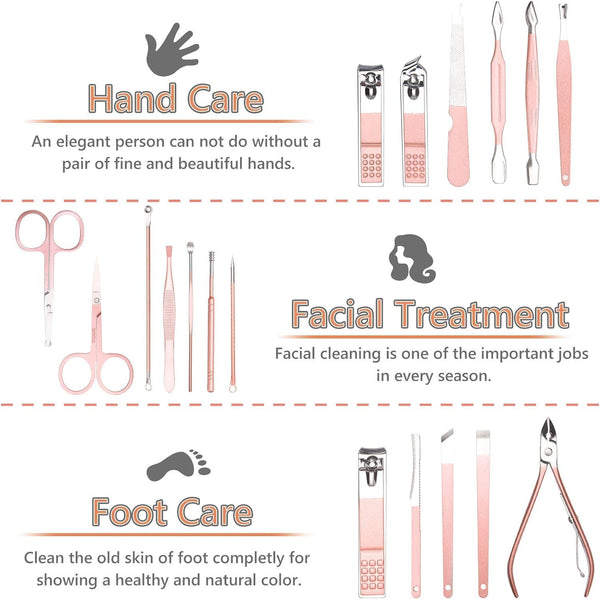 URAQT Nail Clippers, 18 pcs Manicure Pedicure Set, Nail Scissors Cuticle Remover for Men Women, Stainless Steel Nail Care Grooming Kit with Leather Case for Travel & Home