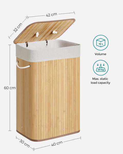 SONGMICS Laundry Basket with Lid 72L Bamboo Foldable Laundry Basket with Removable Washable Bag Handles for Laundry Room Bedroom LCB10Y