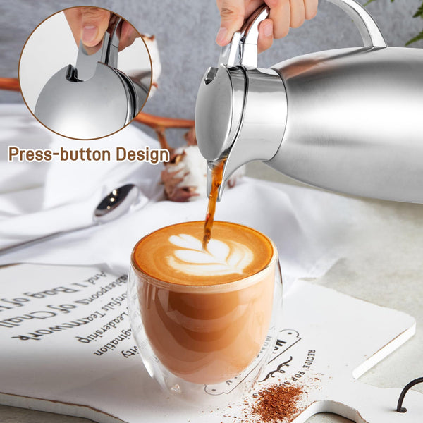 Osrioal 2.3L Thermal Coffee Carafe with Press Button Top, Stainless Steel Insulated Coffee Pot, Double-Walled Vacuum Jug, Thermal Jug Dispenser, for Hot and Cold Drinks, Silver