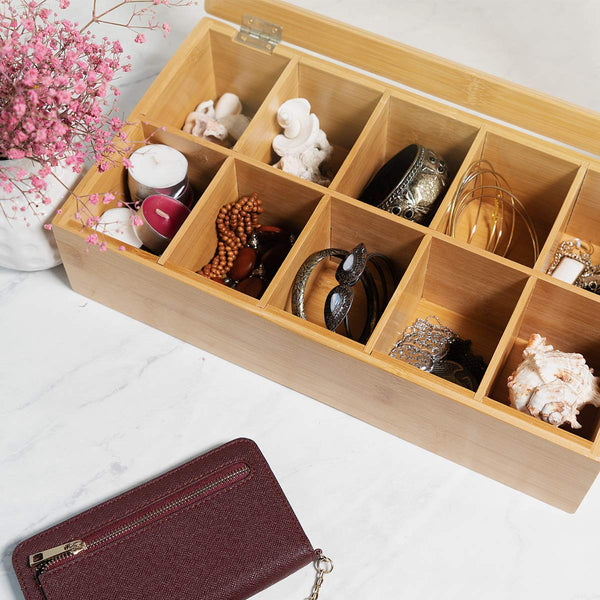 Navaris Bamboo Tea Box - Chest Organiser with 10 Compartments for Tea Bags - Wooden Case Container with Transparent Lid for Individual Tea Bag Storage