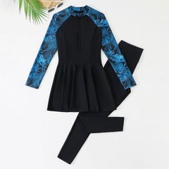 Muslim Swimsuit for Women Two Pieces Modest Swimwear Full Length Tropical Print Long Sleeve Swim Top with Pants Tankini Set Bathing Suit Muslim Swimsuit Modest Swimwear Black