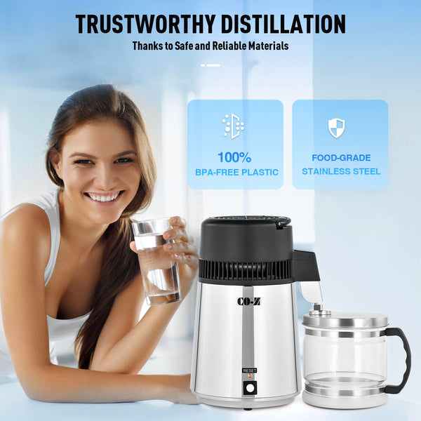CO-Z Water Distiller, Stainless Steel Distilling Pure Water Machine for Home Countertop Table Desktop, 4L Distilled Water Making Machine, 4 Liter Water Purifier to Make Clean Water for Home,Silver