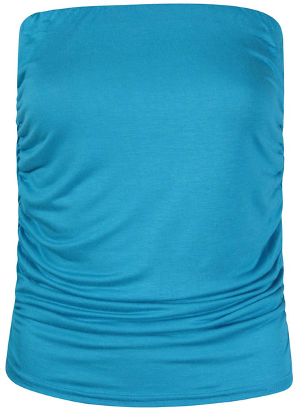 Womens Plain Ruched Ladies Sleeveless Gathered Elasticated Soft Stretch Strapless Bandeau Boob Tube Vest Top Turquoise Size 8 - 10