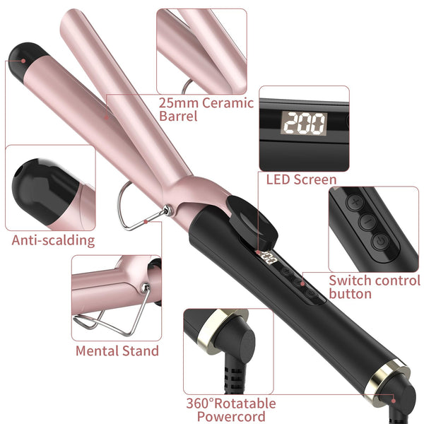 Culing Tongs, 25mm Hair Curler with Adjustable Temperature Ceramic Curling Iron for Long & Medium Hair, Digital Display, Curling Wand with Glove, Dual Voltage (25mm)