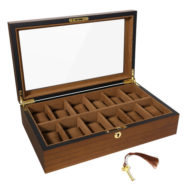 Uten Watch Box with 12 Slots, Watch Case Organizer with Golden Lock and Key, Wooden Watch Display Storage Box with Removable Watch Cushions, Velvet Lining, Metal Clasp, Gift for Men & Women