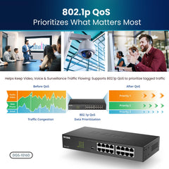 D-Link DGS-1016D 16-Port Green Ethernet Copper Gigabit Switch, Hub, Internet Splitter, Metal, Fanless, Plug and Play - UK Model, black DGS-1016D