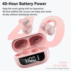 TOZO OpenEarRing Open Ear Headphones, Clip On Earphones, Lightweight Comfort, Wireless Open Ear Earbuds with Smart Digital Display, 40H Playtime, IPX5 Waterproof, Bluetooth 5.4, Custom EQ (Pink)