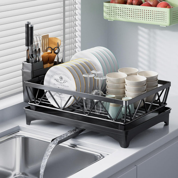 PKBD 1 Tier Large Dish Drying Rack with Drip Tray, Detachable Dish Drainer Rack with Swivel Drainage Spout, Cutting-Board Holder, Cup Holder, Organize Shelf with Utensil Holder Set, Black