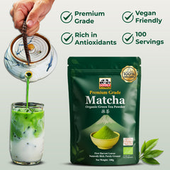 Double Dragon Organic Match Green Tea Powder 100g - Premium Ceremonial Grade Japanese Stone-Ground Matcha Powder | Antioxidant Rich Matcha Tea for Lattes, Smoothies & Baking | Vegan and Gluten-free
