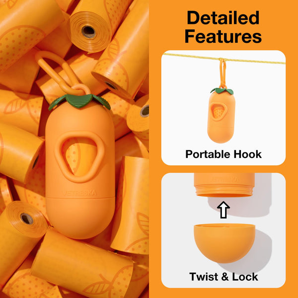 VETRESKA Orange Scented Dog Poop Bags with Holder - 105 Extra Thick & Large Leak Proof Pet Waste Bags | Refill Roll for Dog Walking, Cat Litter | Strong, Long-Lasting Fresh Scent Poo Bags, Orange