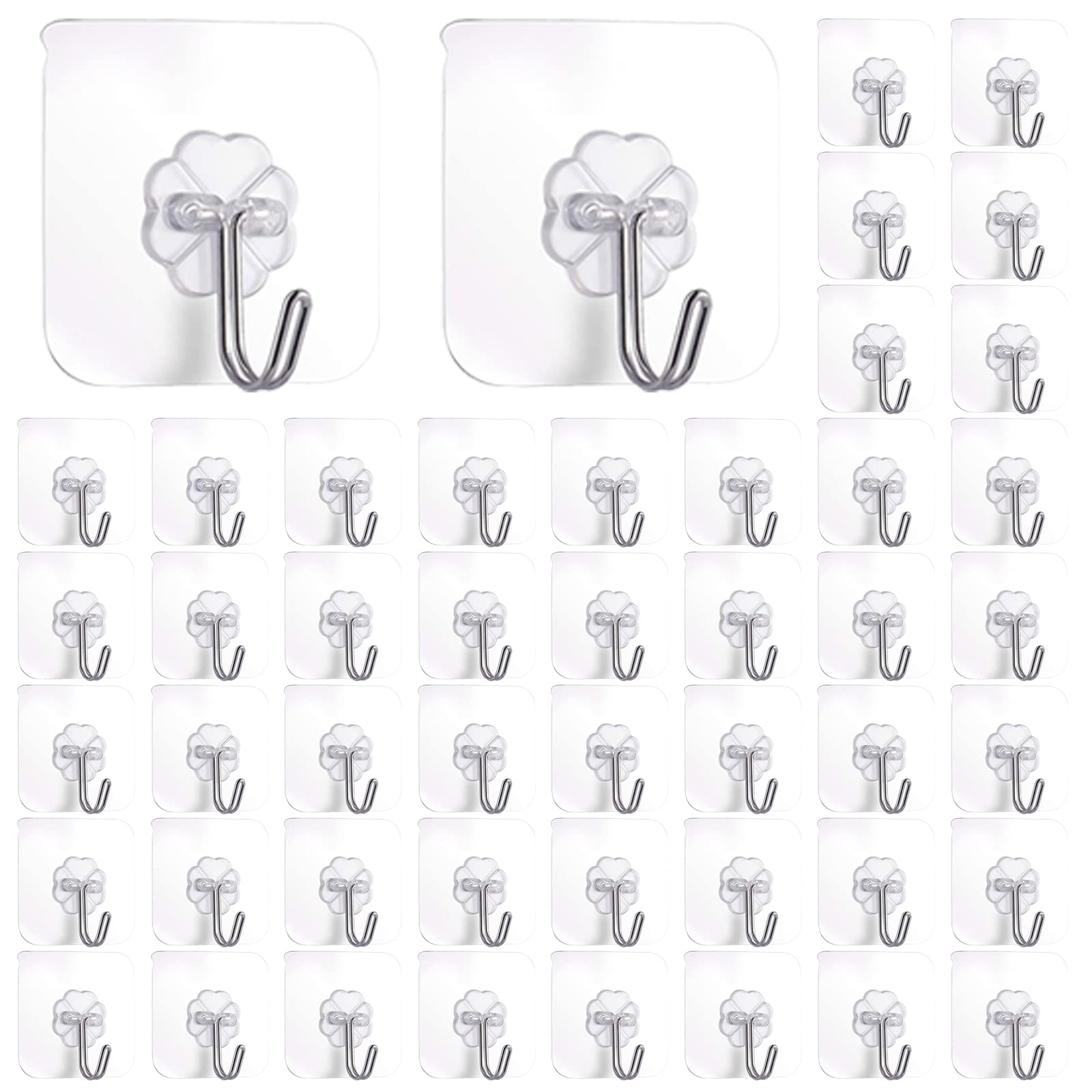 30 Pcs Self Adhesive Heavy Duty Wall Hooks, 22 lb/10 kg Max, Transparent Strong Adhesive Sticker Hook Wall Hook, No Drilling Sticky Hanging Hooks for Bathroom Kitchen Corner Shower Caddy Shelf Basket
