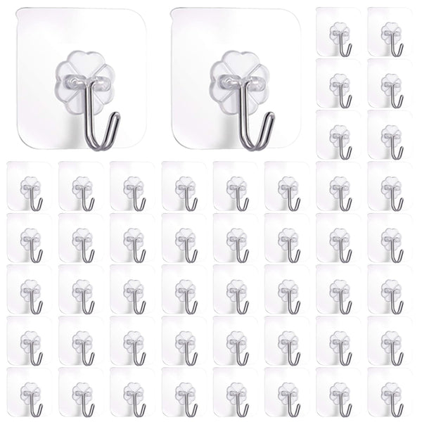 30 Pcs Self Adhesive Heavy Duty Wall Hooks, 22 lb/10 kg Max, Transparent Strong Adhesive Sticker Hook Wall Hook, No Drilling Sticky Hanging Hooks for Bathroom Kitchen Corner Shower Caddy Shelf Basket