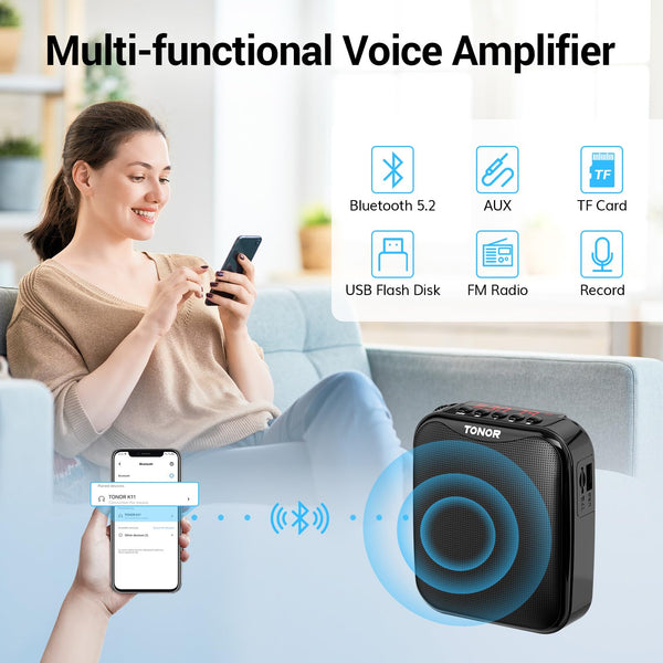 TONOR Voice Amplifier with Wireless Headset Microphone, 11h Duration Rechargeable, LED Display, 25 m Portable PA System with Wireless Mic for Teaching, Speech, Meeting,Performance,Tour Guiding K11