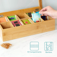 Navaris Bamboo Tea Box - Chest Organiser with 10 Compartments for Tea Bags - Wooden Case Container with Transparent Lid for Individual Tea Bag Storage