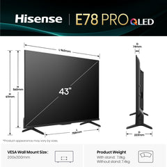 Hisense 43" 43E78QTUK PRO 144Hz QLED Smart AI TV - Hi-View AI Engine, 144Hz Game Mode PRO, Dolby Atmos, Quantum Dot Colour with Freely, Disney +, YouTube, Netflix