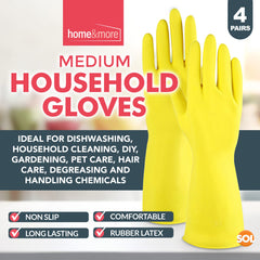 SOL 4 Pairs Household Rubber Gloves Medium | Yellow Medium Gloves | Washing Up Gloves Medium | Non Slip Cleaning Gloves | Bathroom and Kitchen Gloves | Dishwashing Gloves | Heavy Duty Rubber Gloves