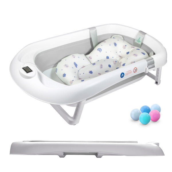 Foldable Baby Bath with Non-Slip Bath Cushion/Bath with Thermometer for Water Temperature Control/from Birth to 3 Years / 5 Plastic Balls (Grey 2)