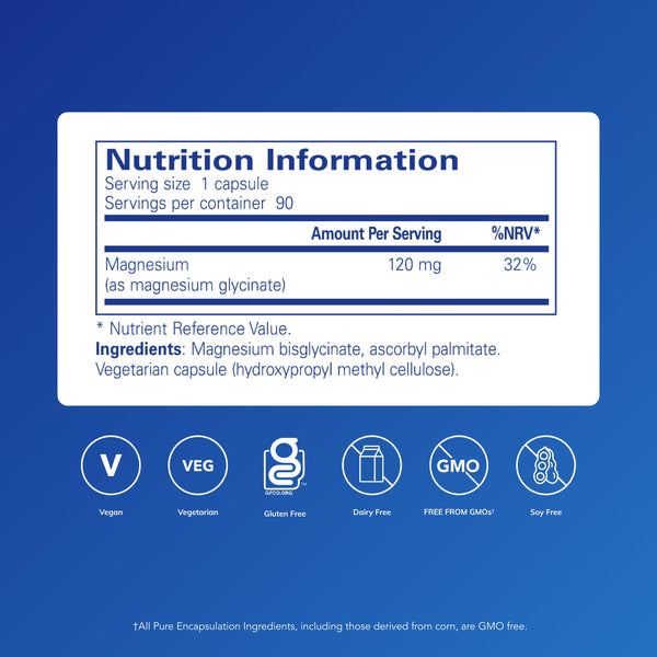 Pure Encapsulations Magnesium Glycinate 120mg - Bioavailable Magnesium Chelate Tiredness and Fatigue Supplement - 90 Capsules